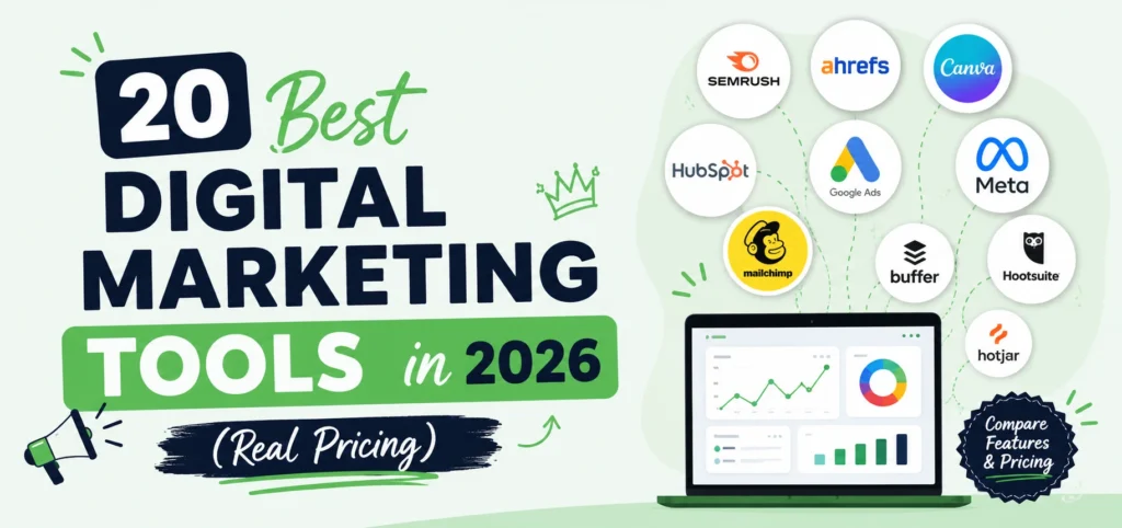 20 best digital marketing tools 2026 banner with title text on dark green background