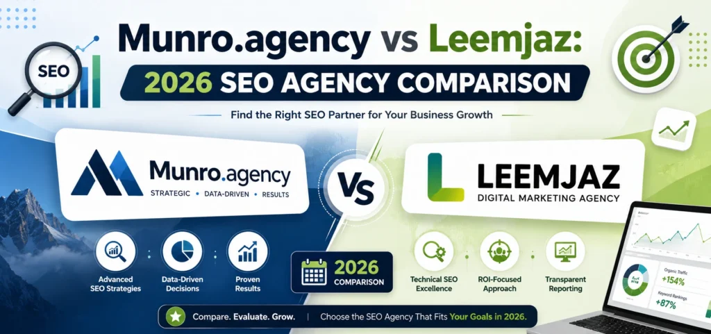 Munro.agency vs Leemjaz 2026 SEO agency comparison showing advanced SEO strategies versus technical SEO, ROI-focused approach, and transparent reporting
