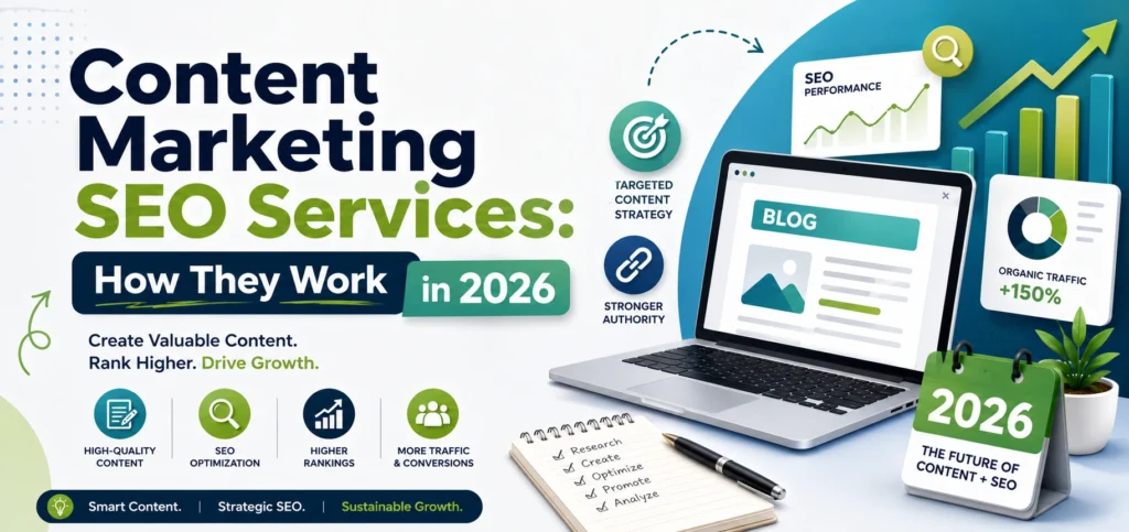 Content marketing SEO services in 2026 showing targeted content strategy, stronger authority, SEO optimization, and organic traffic growth on a blog