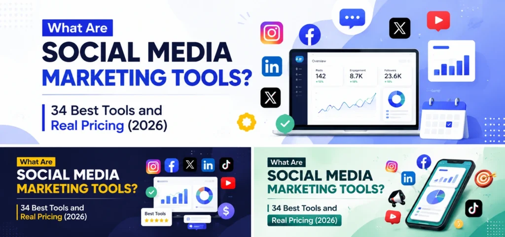 Social media marketing tools dashboard showing analytics for Instagram, Facebook, LinkedIn, X, YouTube and TikTok in 2026.