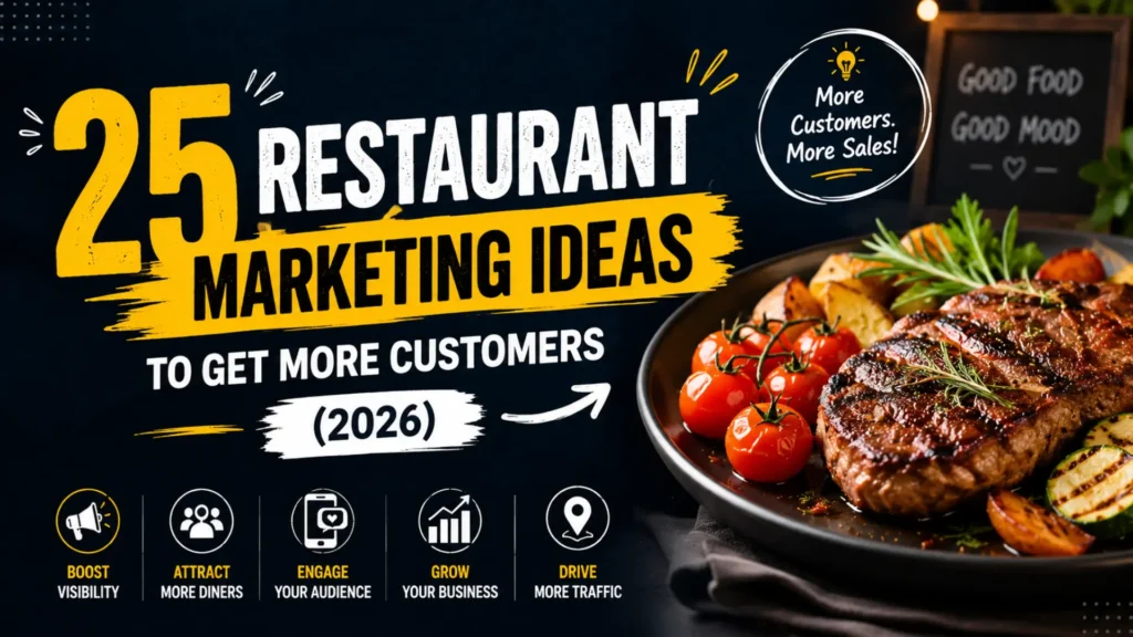 Restaurant marketing featured image with a gourmet meal, bold typography, and digital marketing icons illustrating 25 restaurant marketing ideas to attract more customers and increase sales in 2026.