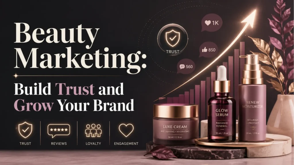Leemjaz beauty marketing graphic showing skincare products, trust signals, reviews, loyalty, engagement, and brand growth strategy.