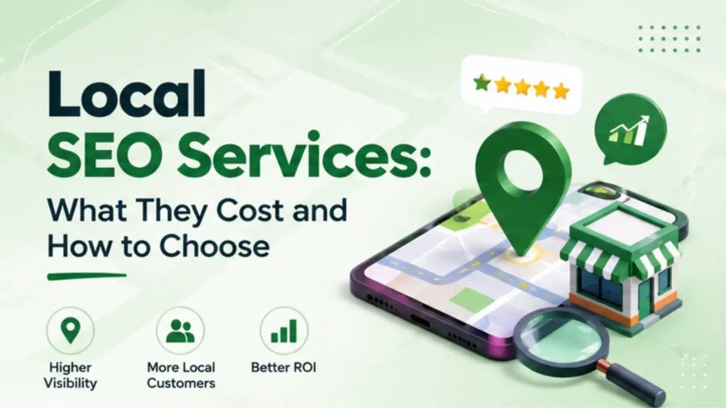 Local SEO Services infographic by Leemjaz Digital Marketing showing a smartphone map with location pin, local business storefront, magnifying glass, customer reviews, and SEO growth icons explaining local SEO costs, pricing, Google Business Profile optimization, and how to choose the best local SEO agency for higher local rankings and more customers.