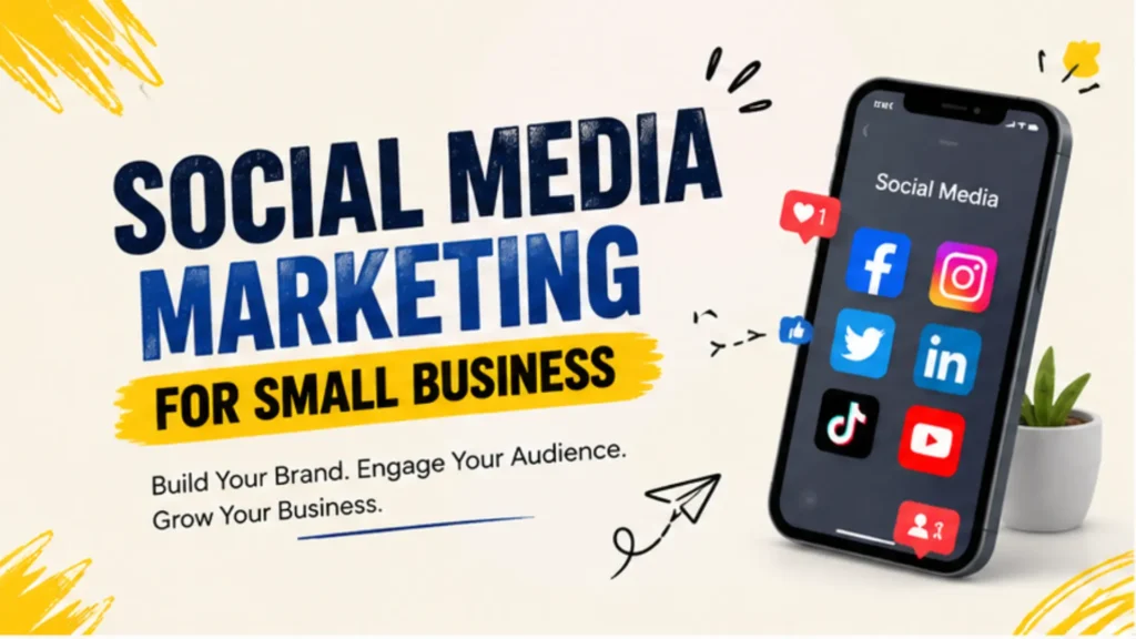 Featured image for a blog about social media marketing for small businesses, showing a smartphone with social media app icons, bold marketing text, engagement notifications, and digital branding elements on a clean modern background.