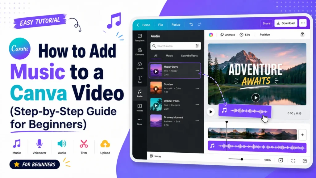 Leemjaz tutorial graphic showing how to add music to a Canva video with audio tracks, waveform, video timeline, and beginner editing steps.