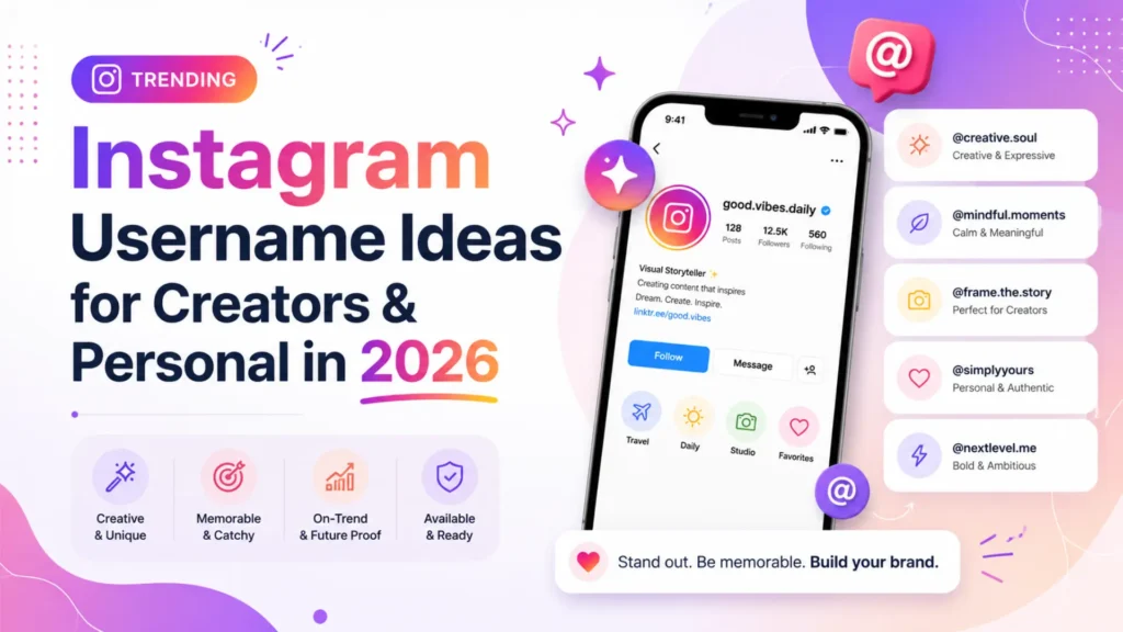 Leemjaz graphic showing Instagram username ideas for creators and personal brands with catchy, memorable, and available name examples.
