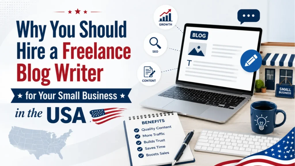 Leemjaz blog writing graphic showing why small businesses in the USA should hire a freelance blog writer for SEO, traffic, and trust.