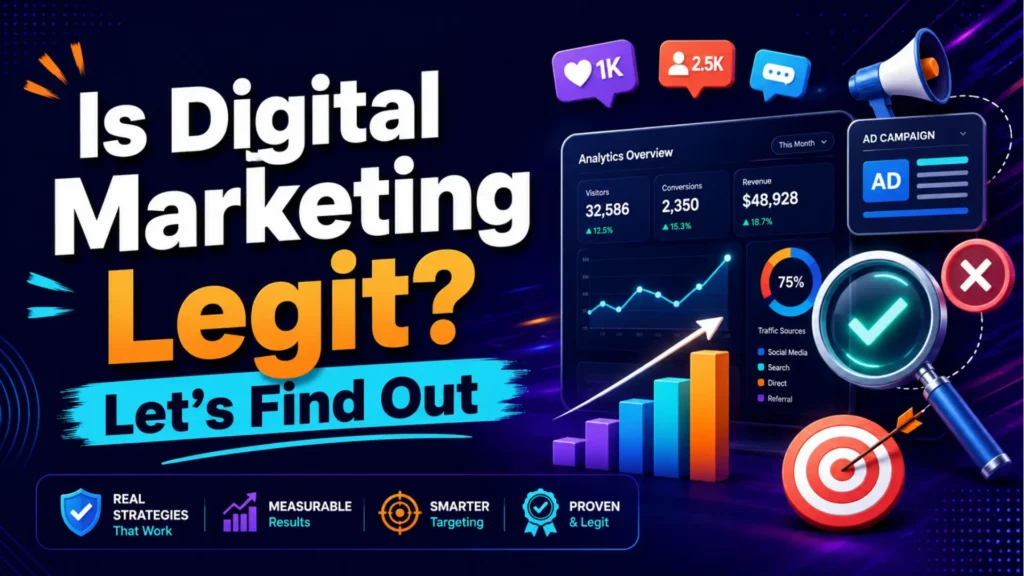 Leemjaz graphic asking if digital marketing is legit with analytics, ad campaigns, measurable results, targeting, and proven strategies.
