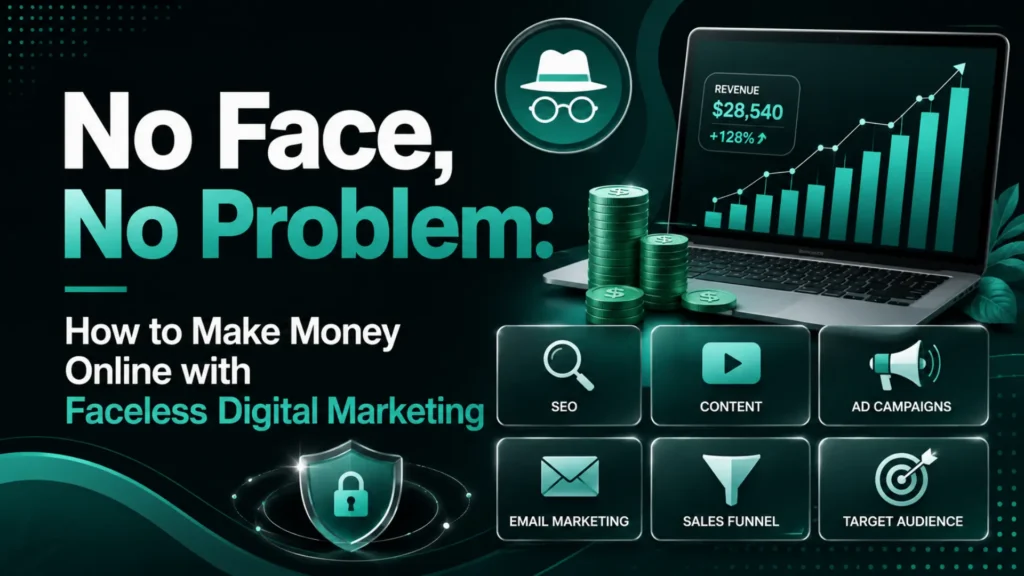 Leemjaz graphic showing how to make money online with faceless digital marketing using SEO, content, ads, email, and sales funnels.