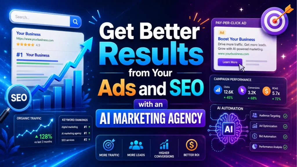 Leemjaz AI marketing agency graphic showing SEO, PPC ads, AI automation, audience targeting, ad optimization, and better ROI.