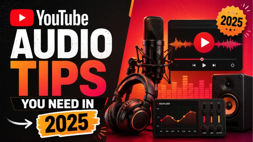 Leemjaz YouTube audio tips graphic showing microphone setup, headphones, equalizer, waveform, and sound improvement tools.
