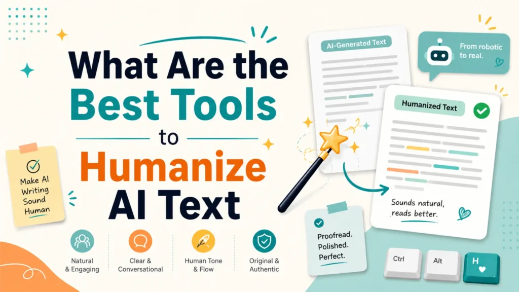 Leemjaz graphic showing the best tools to humanize AI text, turning AI-generated writing into natural, clear, and conversational content
