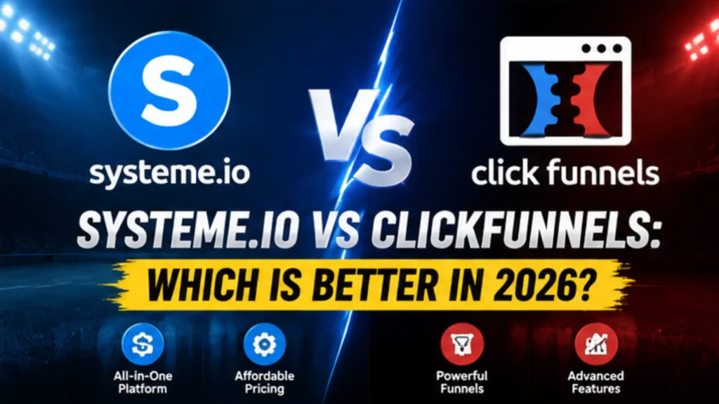 Systeme.io vs ClickFunnels comparison featured image for 2026 showing both funnel builders with a VS design. Blog by Leemjaz covering digital marketing, SEO services, sales funnels, email marketing, online business growth, and marketing automation.