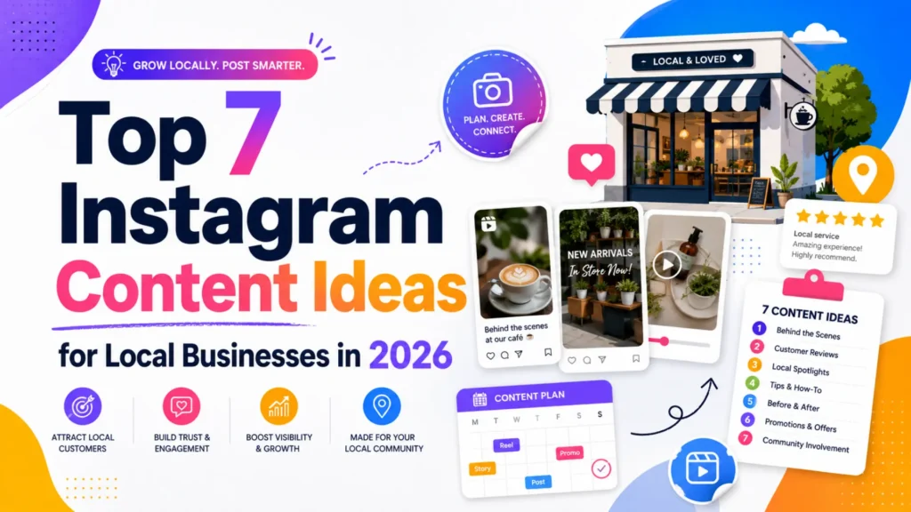 Leemjaz graphic showing top Instagram content ideas for local businesses in 2026, including reviews, reels, offers, and community posts.