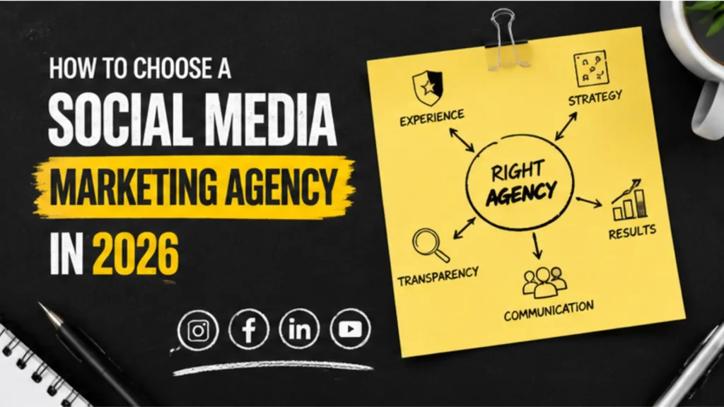 Featured blog image by Leemjaz showing a strategic checklist for choosing the right social media marketing agency in 2026, including digital marketing strategy, social media management, branding, transparency, communication, experience, and measurable business results.