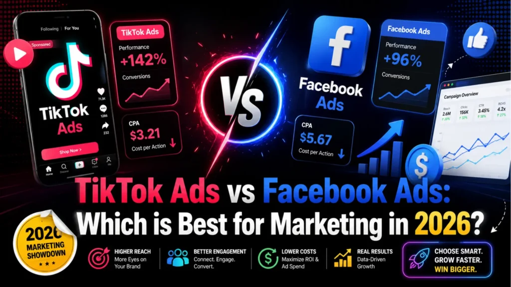 Leemjaz comparison graphic showing TikTok Ads vs Facebook Ads with CPA, conversions, reach, engagement, and ROI metrics.