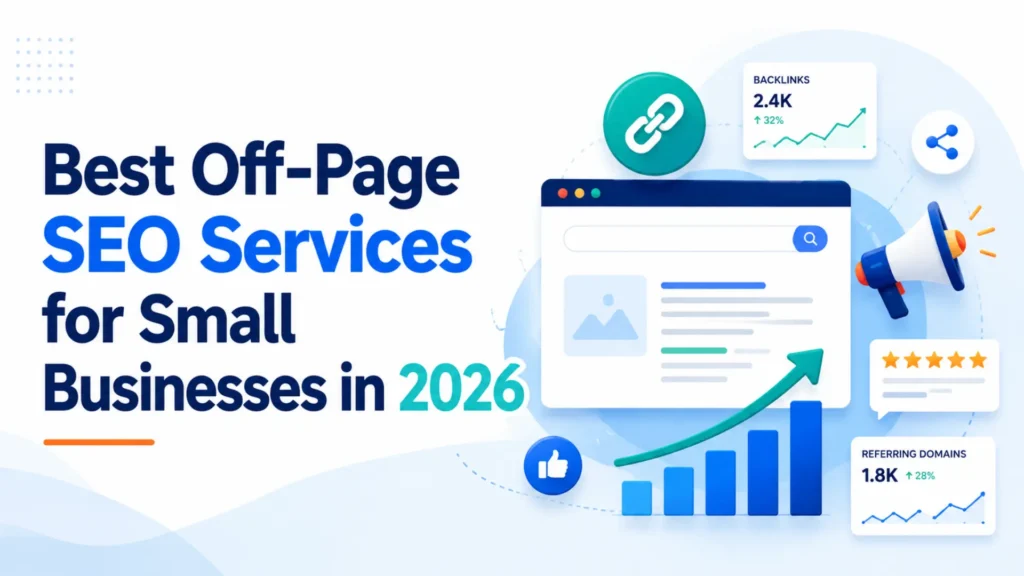 Leemjaz SEO graphic showing off-page SEO services for small businesses with backlinks, referring domains, reviews, and ranking growth.