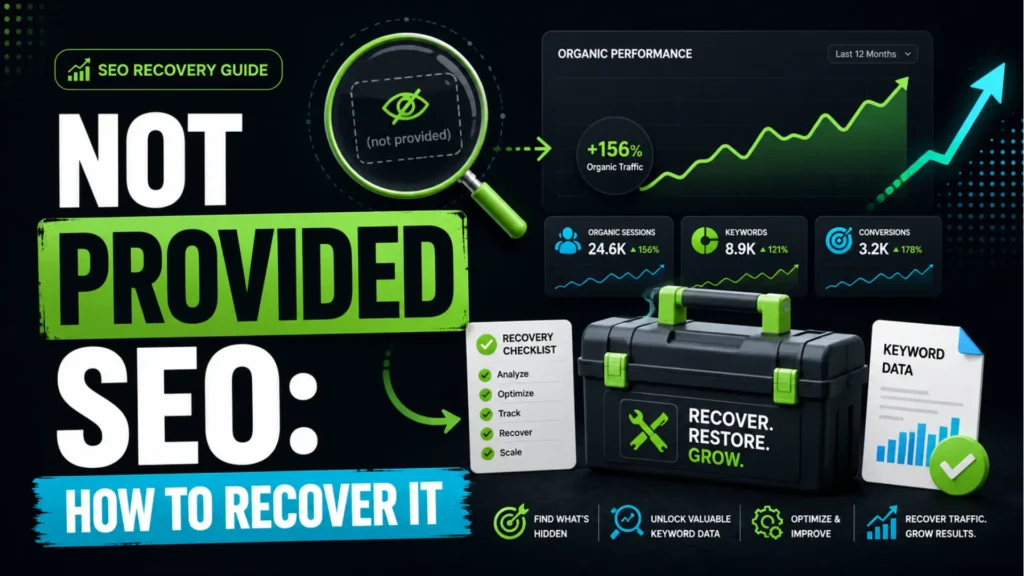 Leemjaz SEO recovery graphic explaining how to recover not provided keywords using organic traffic, keyword data, and SEO analysis.