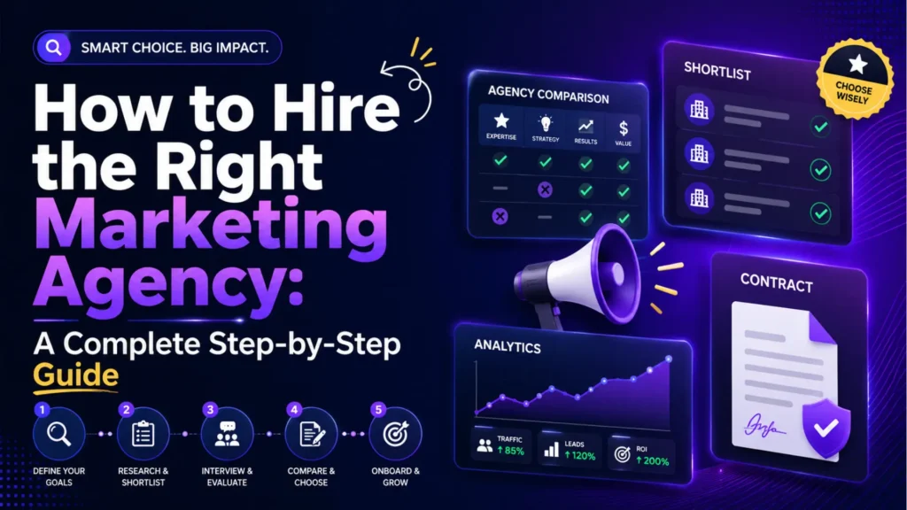 Leemjaz guide graphic showing how to hire the right marketing agency with goals, research, shortlist, comparison, and contract steps.