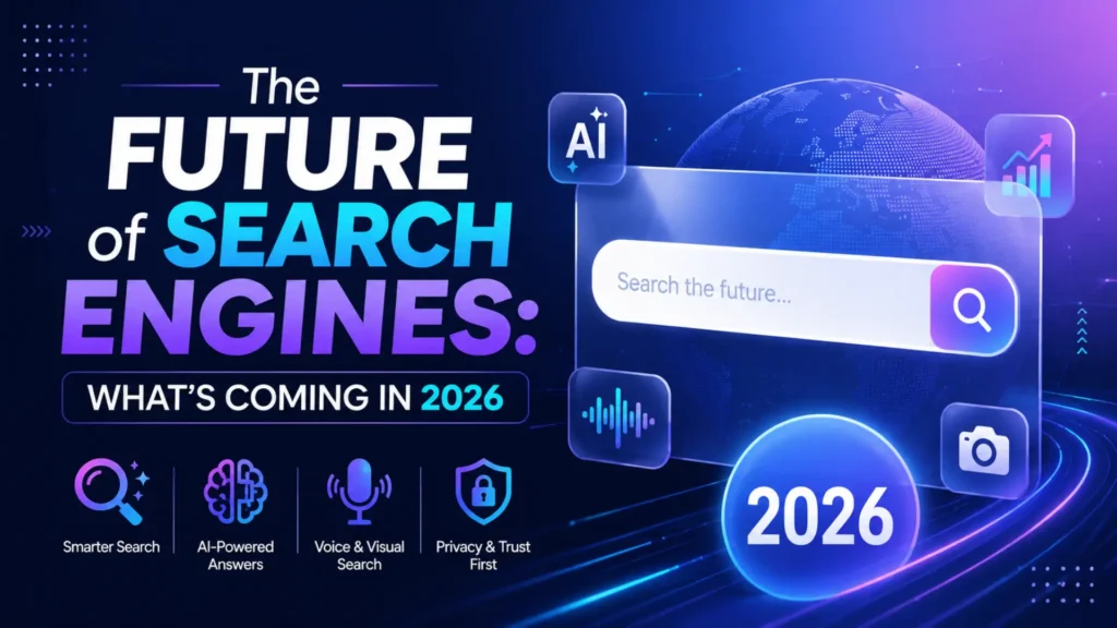 Futuristic blog featured image showing AI-powered search engine trends for 2026 with search bar, digital globe, icons, and bold technology-themed text.