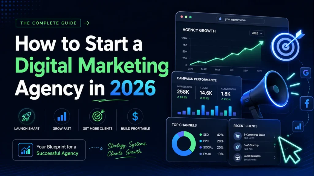 Leemjaz graphic showing how to start a digital marketing agency in 2026 with campaign performance, growth, clients, and marketing channels.