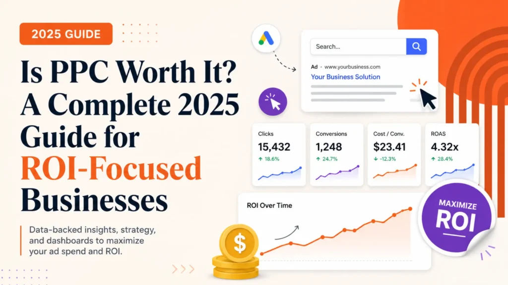 Leemjaz PPC guide graphic showing paid ads performance, clicks, conversions, cost per conversion, ROAS, and ROI growth.
