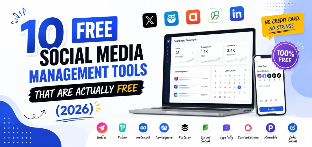 Free social media management tools dashboard showing scheduled posts, engagement analytics, and a content calendar