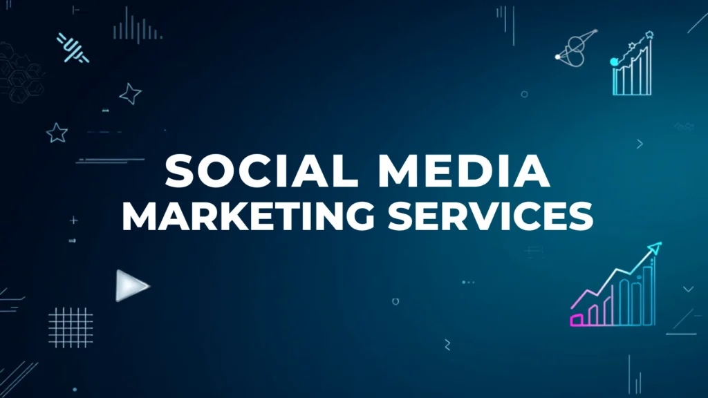 Social media marketing services banner with white bold text on a dark blue background, surrounded by growth charts, stars, and digital icons