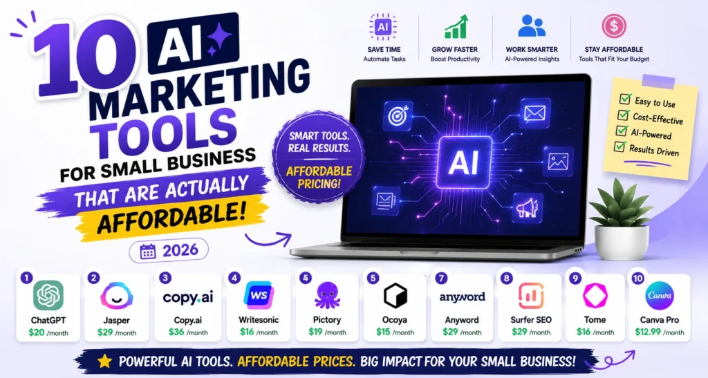 Featured image showcasing 10 affordable AI marketing tools for small businesses with pricing and AI-powered marketing icons.