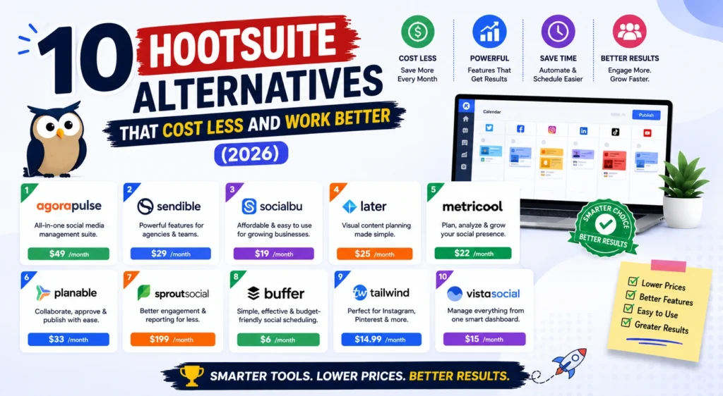 10 Hootsuite alternatives that cost less and offer better social media scheduling, analytics, and management features in 2026.