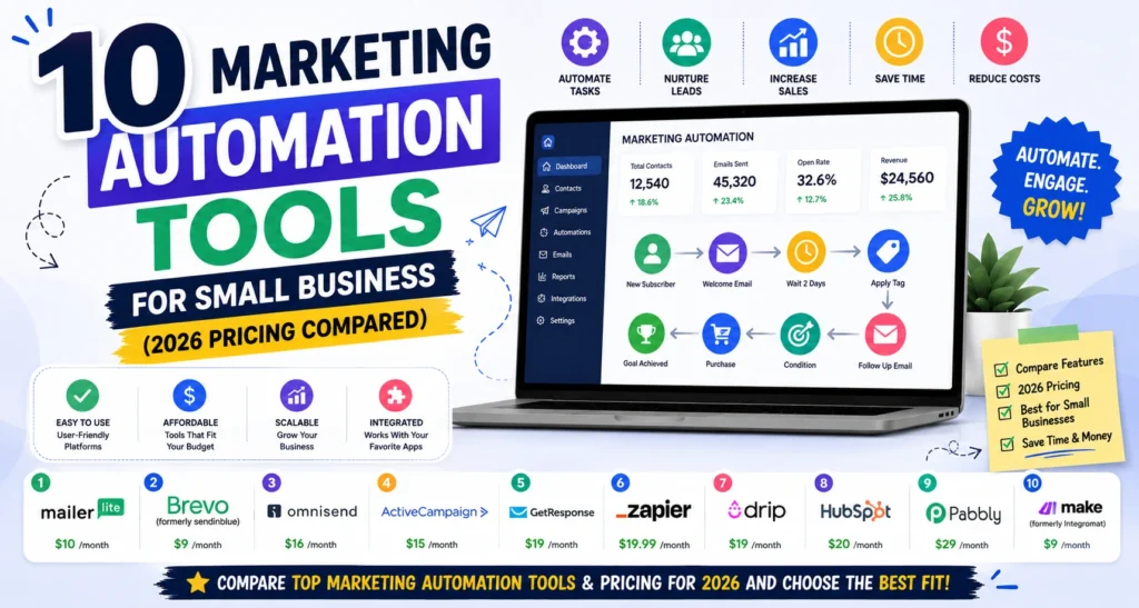 Infographic comparing 10 marketing automation tools for small businesses in 2026, featuring pricing, key features, and an automation workflow dashboard.