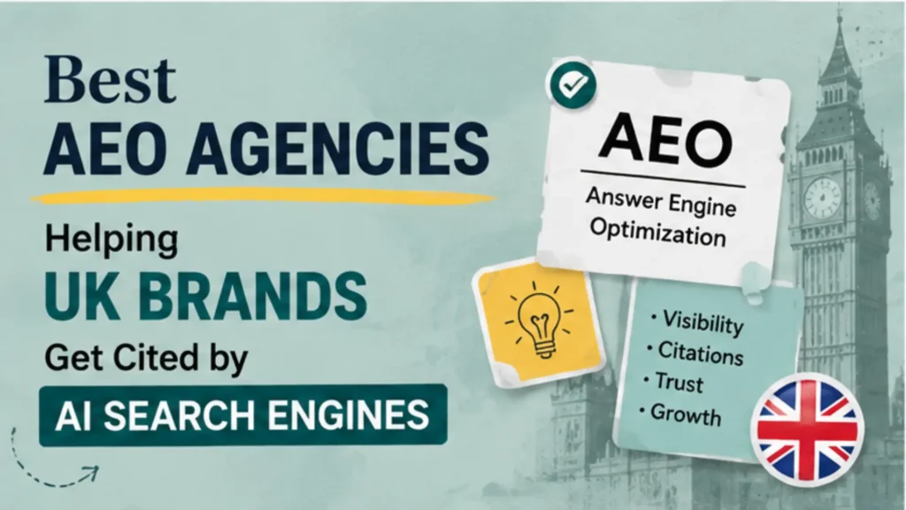 Best AEO agencies UK banner with answer engine optimisation notes, Big Ben and UK flag illustration