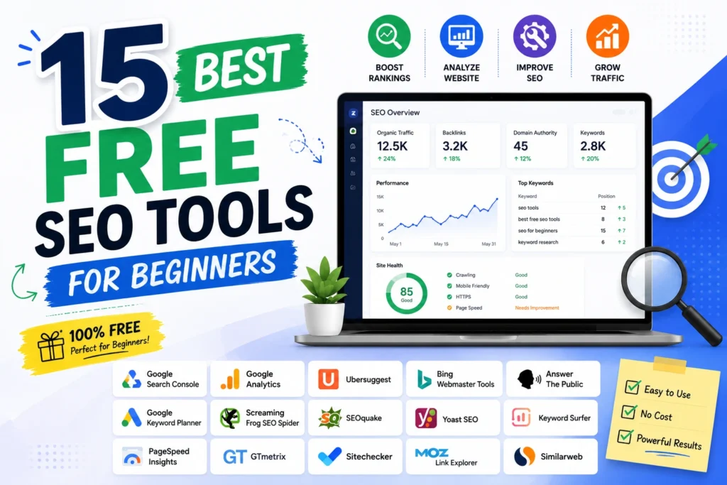 15 best free SEO tools for beginners with an SEO dashboard and popular tools like Google Search Console, Google Analytics, Ubersuggest, Yoast SEO, and GTmetrix.