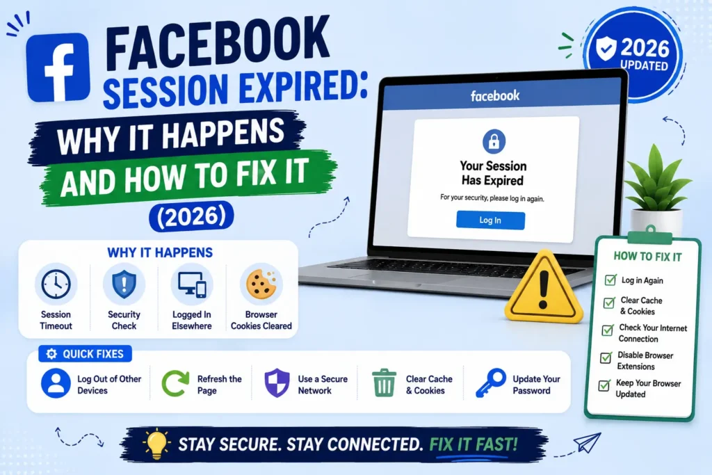 Facebook Session Expired: why it happens and how to fix it, with quick troubleshooting steps for logging in, clearing cache and cookies, checking internet connection, and updating security settings.