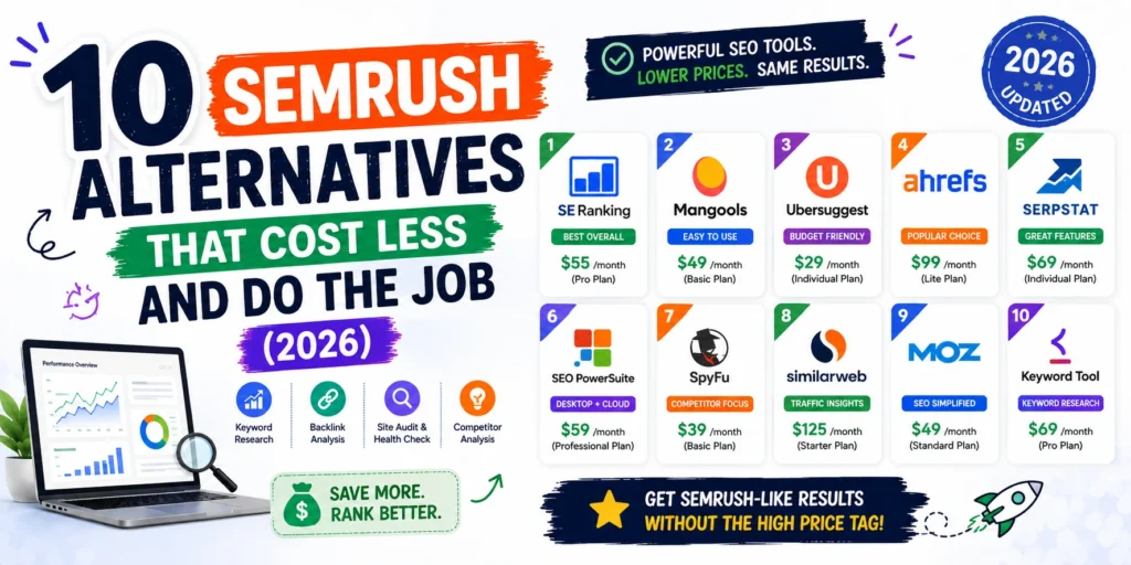 10 Semrush alternatives that cost less, with SEO tools, features, and pricing comparisons for 2026