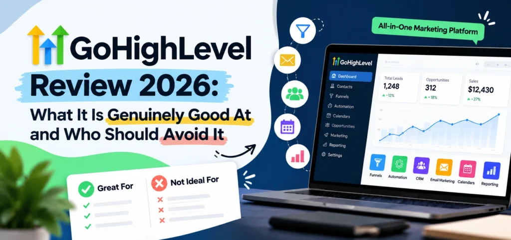GoHighLevel Review 2026 featured image showing the GoHighLevel marketing platform dashboard on a laptop, with text highlighting its key features, ideal users, and who should avoid it.