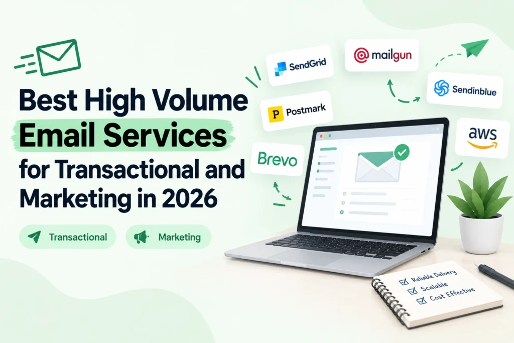 Best high-volume email services for transactional and marketing emails in 2026, featuring SendGrid, Mailgun, Postmark, Brevo, Sendinblue, and AWS.