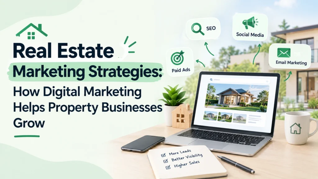 Real estate marketing strategies infographic featuring digital marketing methods such as SEO, social media, paid ads, and email marketing, with a laptop displaying a property listing and text highlighting more leads, better visibility, and higher sales.