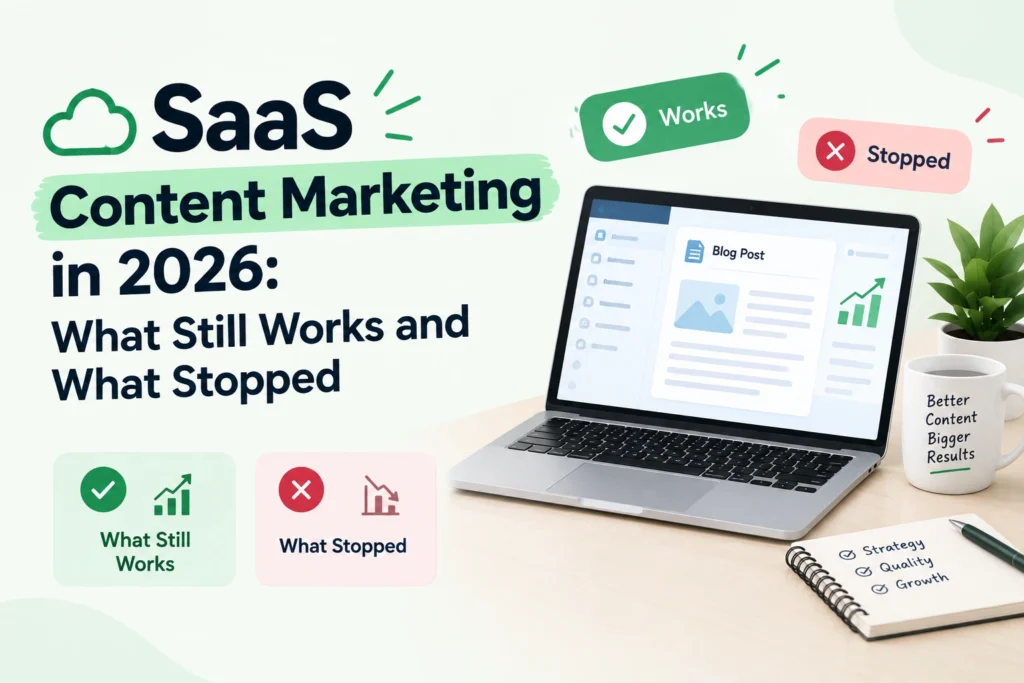 SaaS Content Marketing in 2026: What Still Works and What Stopped, featuring a laptop, content strategy visuals, and green and red indicators representing effective and outdated marketing practices.