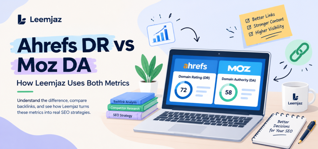 Comparison of Ahrefs Domain Rating (DR) and Moz Domain Authority (DA) metrics for evaluating website authority and backlink strength.