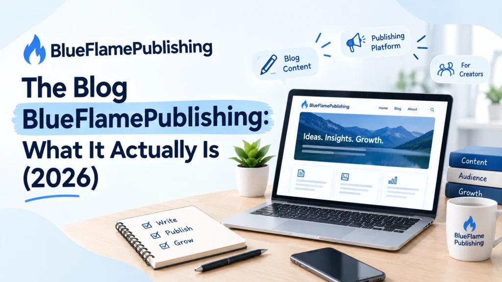 BlueFlamePublishing blog platform featured on a laptop with the text “The Blog BlueFlamePublishing: What It Actually Is (2026)” alongside content and publishing elements.