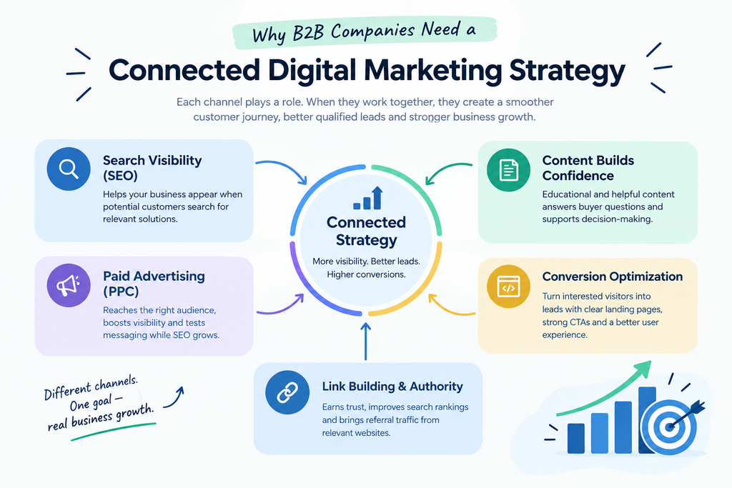Infographic explaining why B2B companies need a connected digital marketing strategy, integrating SEO, content marketing, paid advertising, conversion optimization, and link building to improve lead generation and business growth.