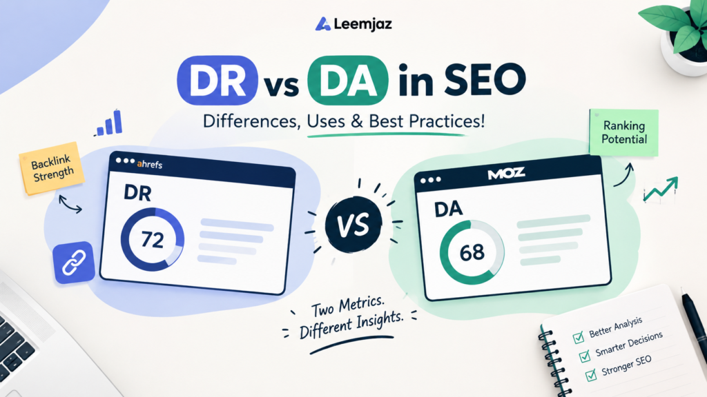 DR vs DA in SEO comparison showing Ahrefs Domain Rating and Moz Domain Authority metrics.