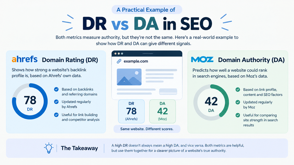 Infographic comparing Domain Rating (DR) and Domain Authority (DA) in SEO, showing Ahrefs DR 78 and Moz DA 42 for the same website, with explanations of backlink strength, ranking potential, and SEO analysis.