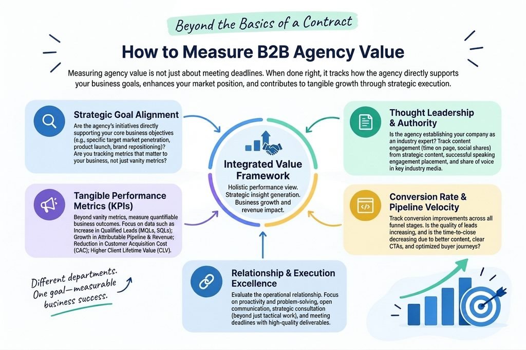 "How to Measure B2B Agency Value" detailing an integrated value framework across five key areas: Strategic Goal Alignment, Tangible Performance Metrics (KPIs), Thought Leadership & Authority, Conversion Rate & Pipeline Velocity, and Relationship & Execution Excellence