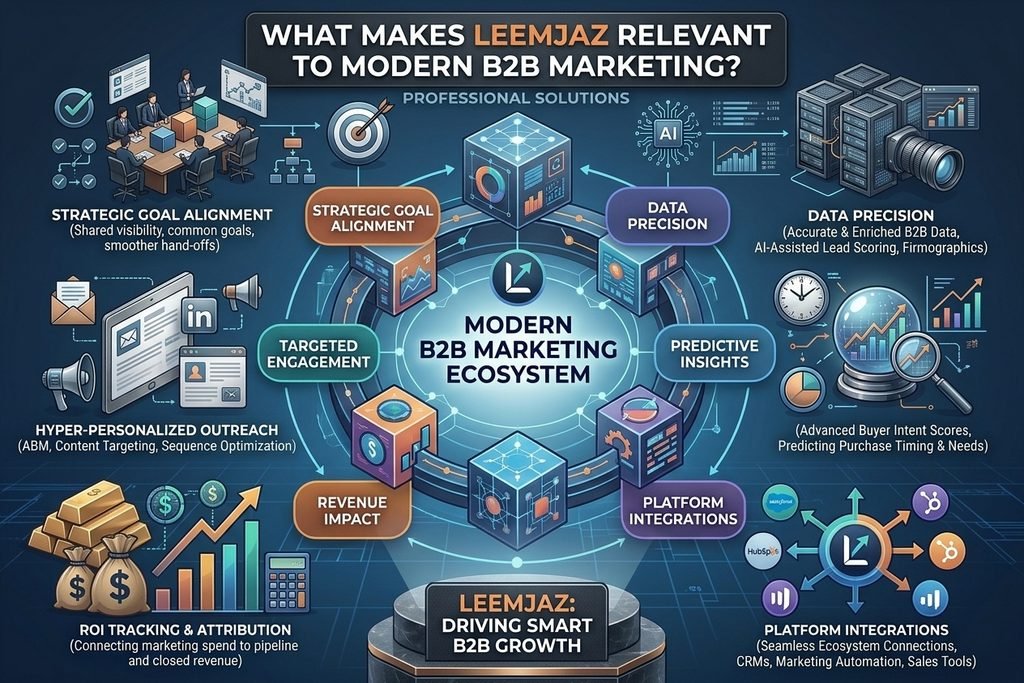WHAT MAKES LEEMJAZ RELEVANT TO MODERN B2B MARKETING? PROFESSIONAL SOLUTIONS.” The image features a central hexagonal diagram illustrating a “MODERN B2B MARKETING ECOSYSTEM,” with six key areas connected via glowing data lines. These areas, each with descriptive text and icons, are: Strategic Goal Alignment (top-left), Targeted Engagement (middle-left), Revenue Impact (bottom-left), Platform Integrations (bottom-right), Predictive Insights (middle-right), and Data Precision (top-right). Various business illustrations, including teams, data servers, financial graphs, and integrated software platforms, surround the central element. The entire high-tech, data-centric visual rests on a pedestal with the text: “LEEMJAZ: DRIVING SMART B2B GROWTH