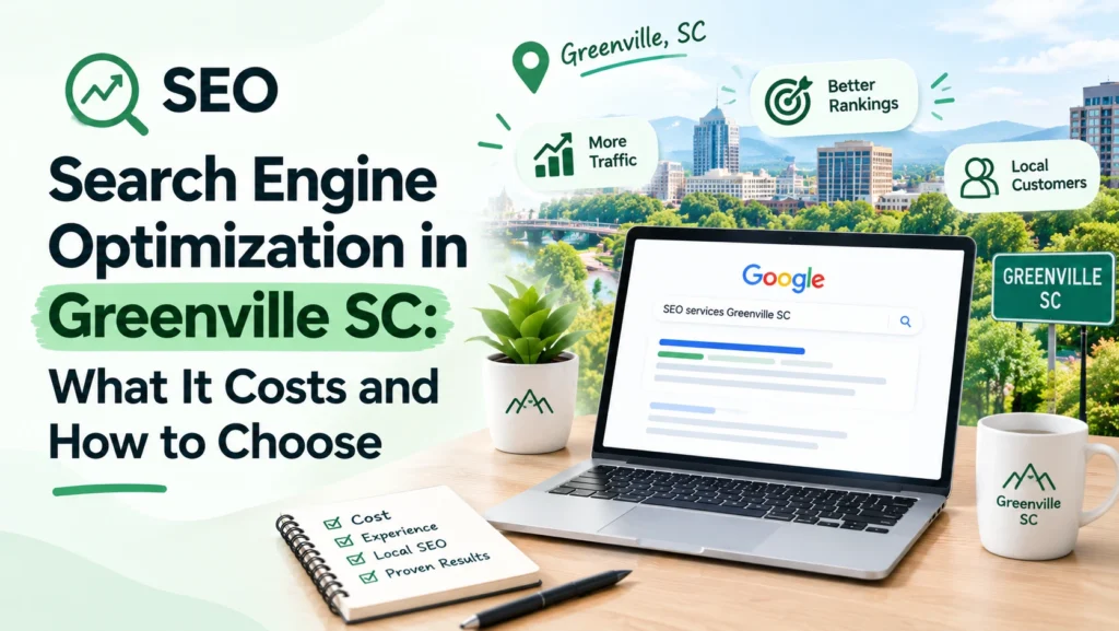 SEO in Greenville, SC workspace featuring a laptop with Google search results, highlighting local SEO services, better rankings, increased traffic, and local customers.