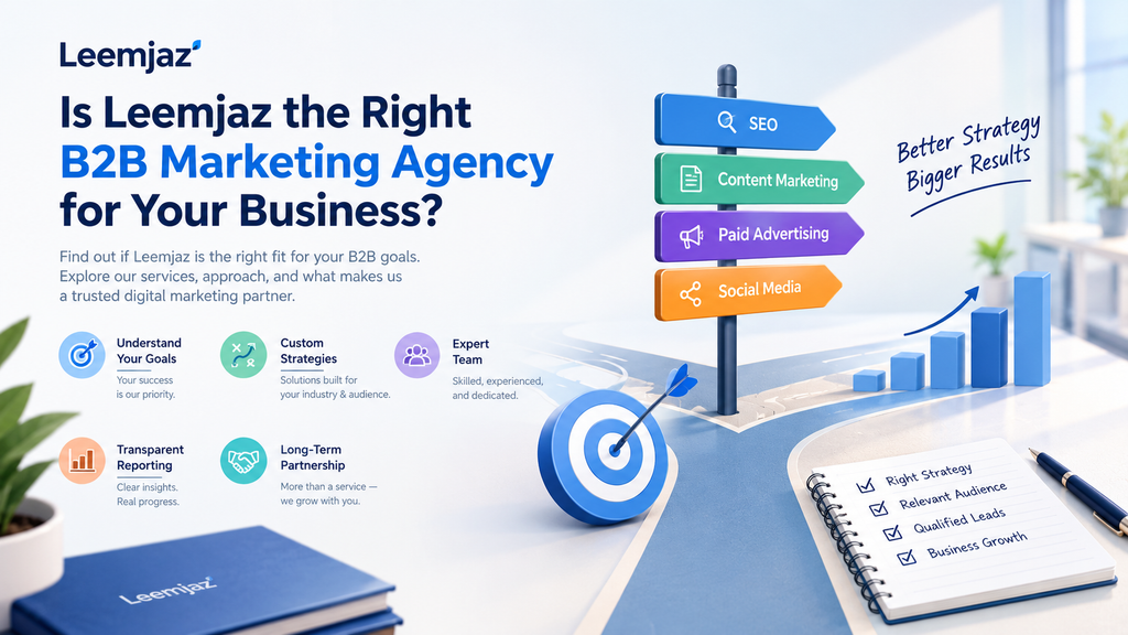 Is Leemjaz the right B2B marketing agency for your business? An informational graphic highlighting goal-focused planning, customized marketing strategies, expert support, transparent reporting, long-term partnerships, SEO, content marketing, paid advertising, and social media.