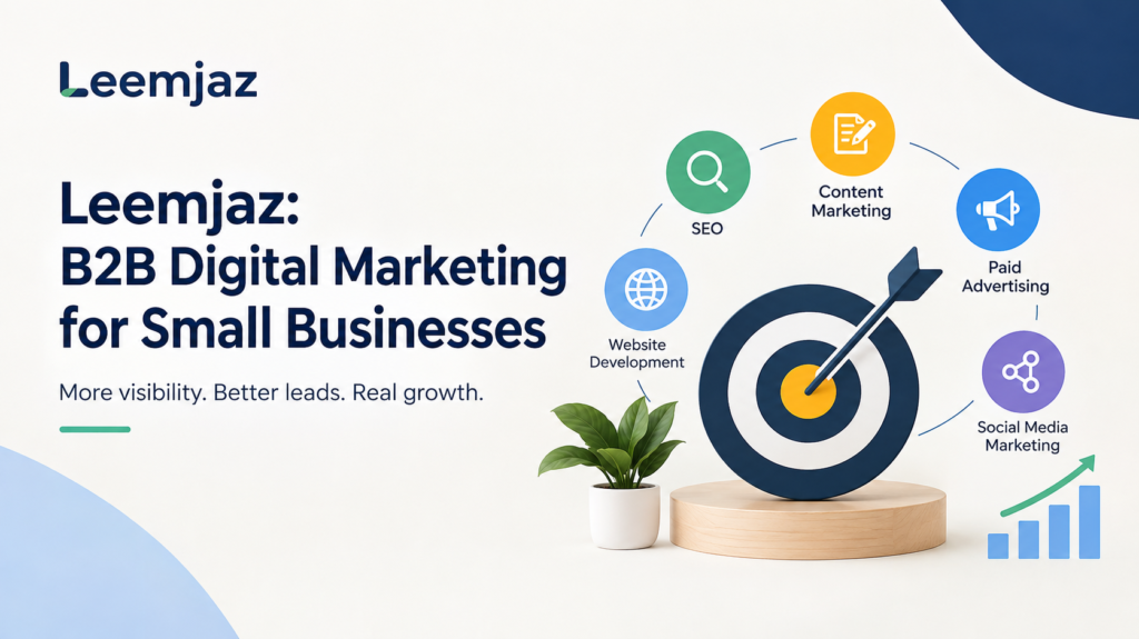 Leemjaz B2B digital marketing strategy for small businesses, featuring SEO, content marketing, paid advertising, social media marketing, and business growth.
