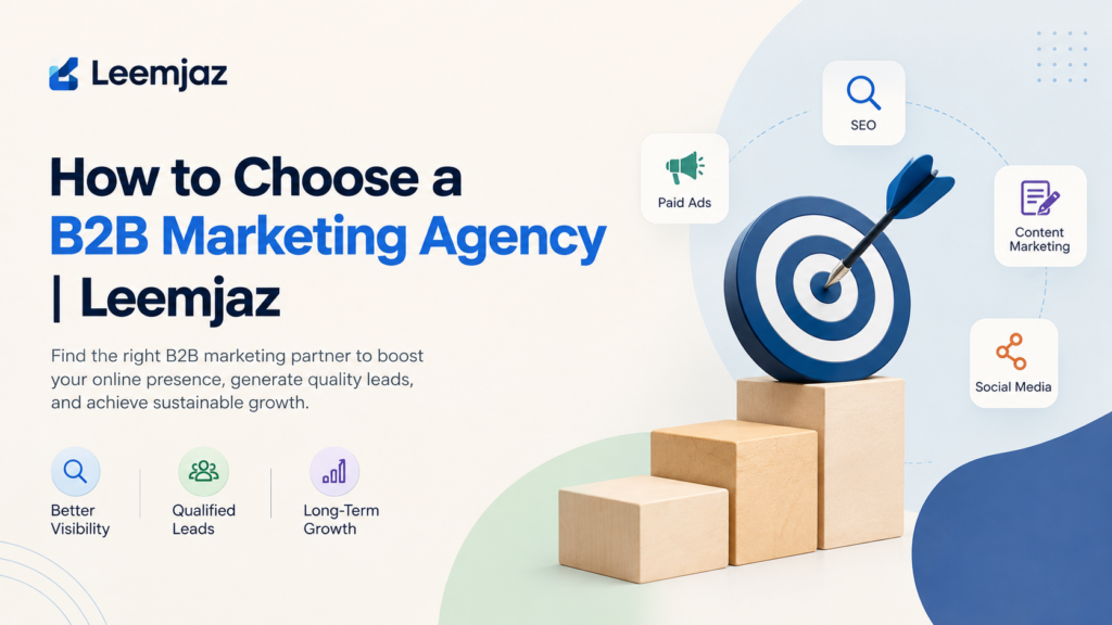 How to Choose a B2B Marketing Agency – Leemjaz digital marketing banner featuring a target, growth steps, SEO, paid ads, content marketing, and social media icons.
